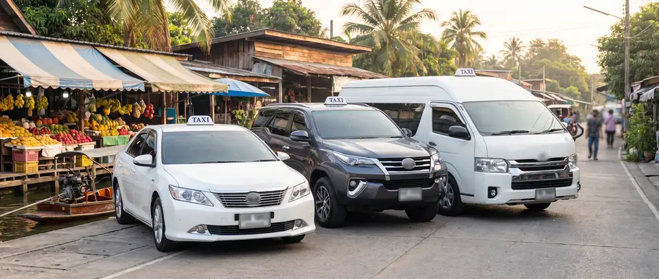 รถเก๋ง SUV และรถตู้ ติดป้าย TAXI บนหลังคา จอดข้างตลาดผลไม้ริมคลอง