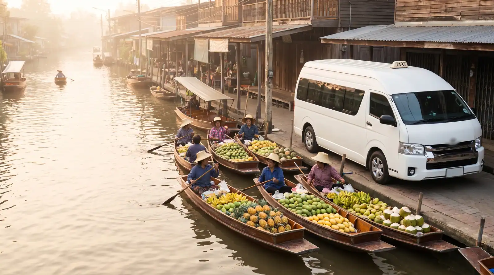 เรือขายผลไม้ในคลองดำเนินสะดวกยามเช้า และรถตู้แท็กซี่จอดริมคลอง