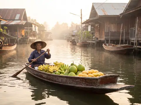 แม่ค้าพายเรือขายผลไม้ในคลองดำเนินสะดวกยามเช้า